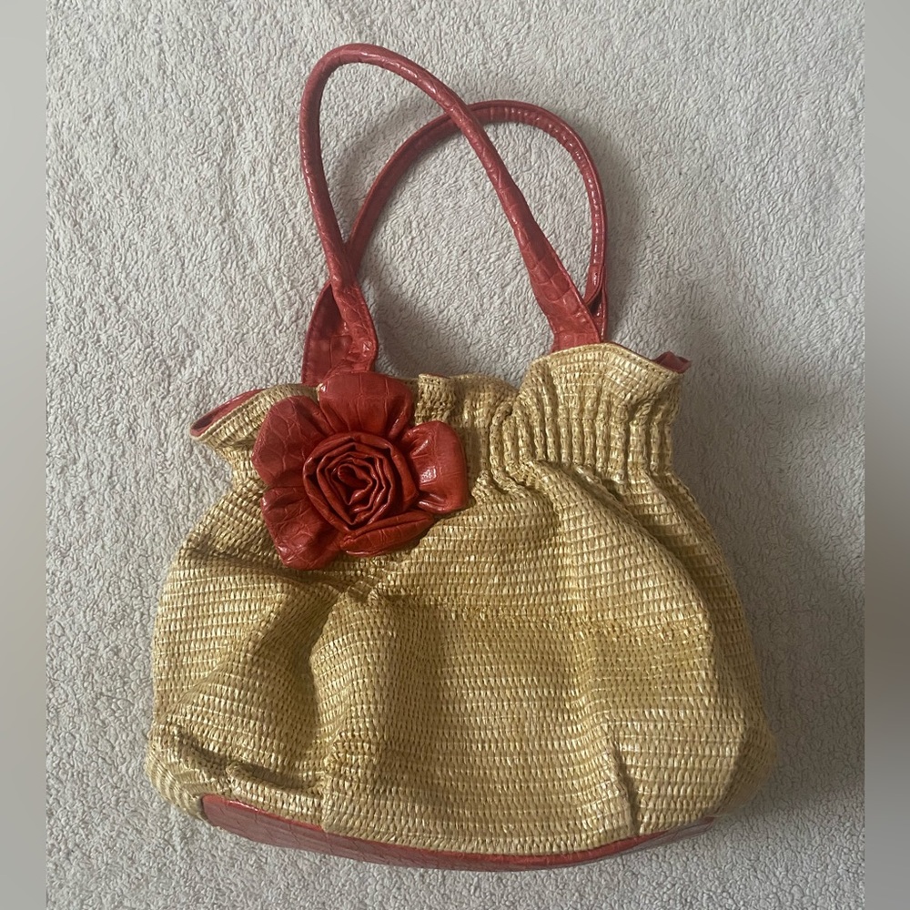 Rustic Cream and Red Woven Shoulder Bag